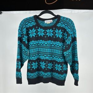 Women’s Vintage 80’s Black and Blue Nordic Patterned Sweater‎ Acrylic
